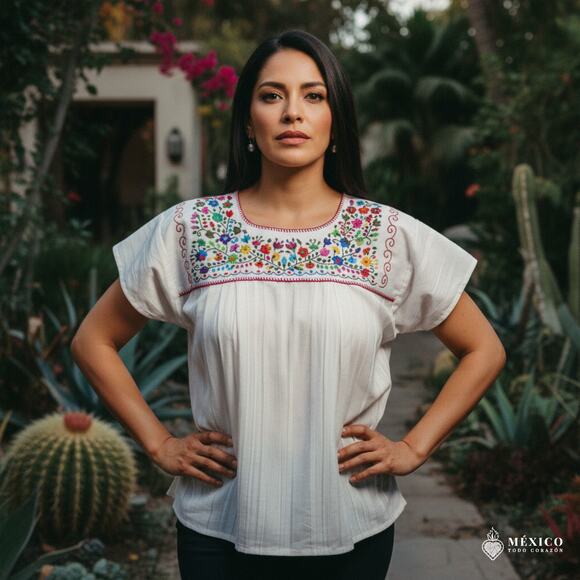 Mexican Embroidered Blouse – Handmade Otomi Floral Animals Design Large 28c23in - Picture 6 of 12